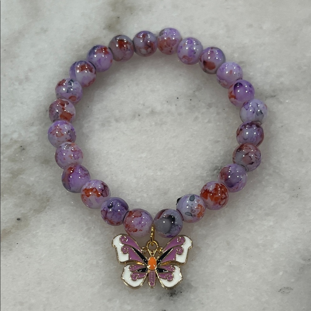 Purple Beaded Bracelet with Butterfly Charm